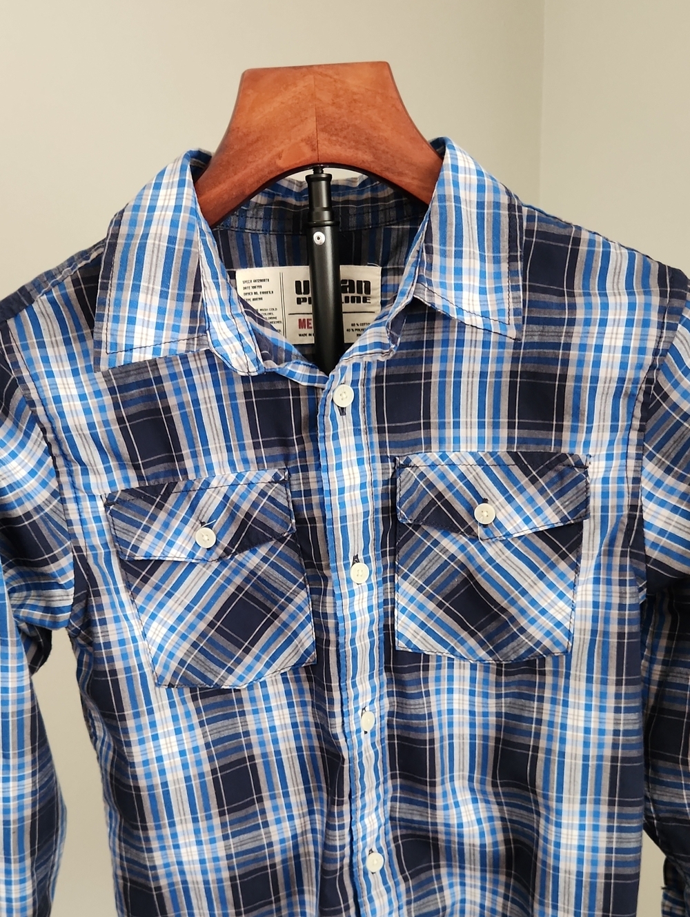 Urban Pipeline Navy and Light Blue Plaid Button-Down Shirt - Boys Medium